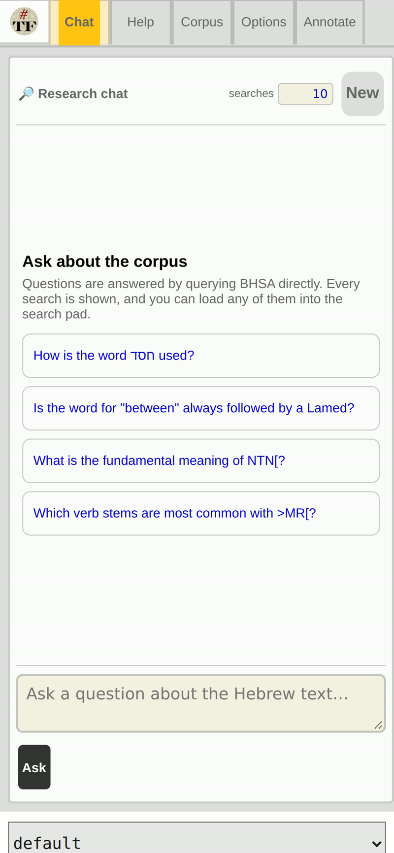 The research chat on a phone, with suggested questions about Hebrew words